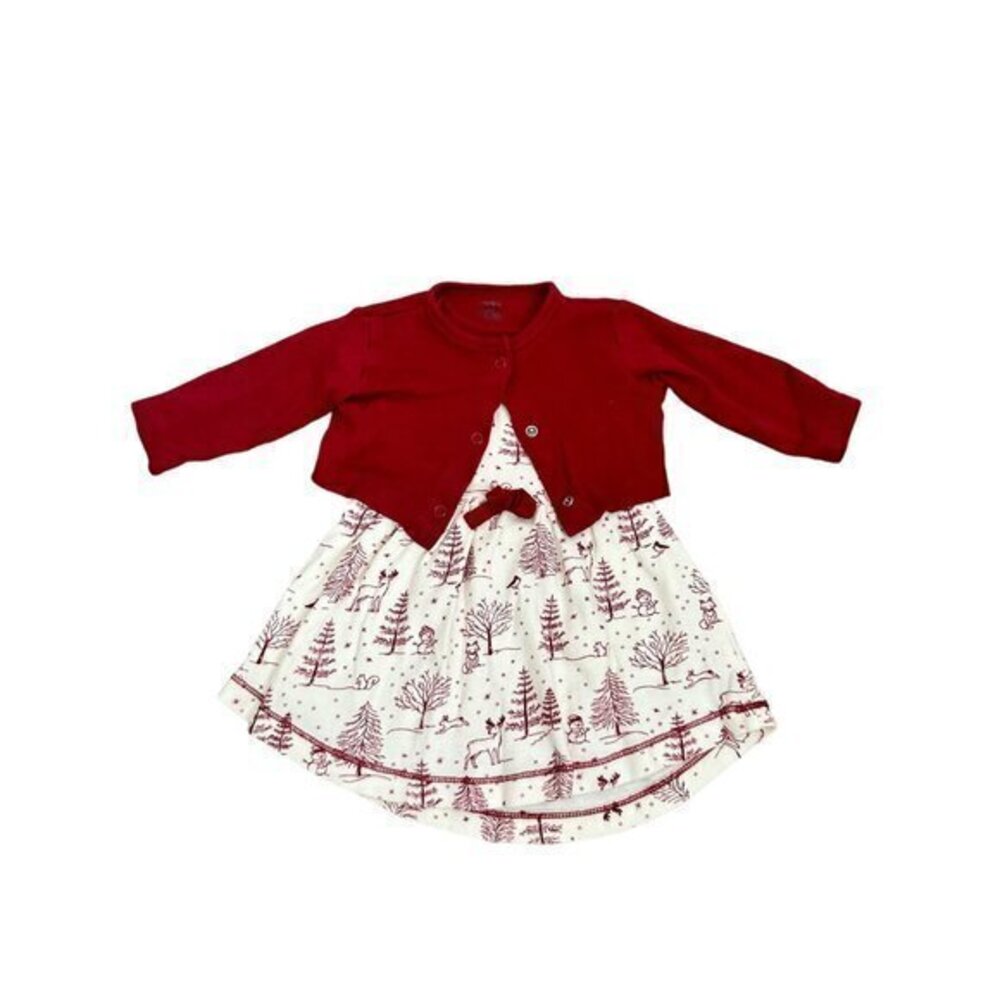 Baby Girl Holiday Dress Set With Cardigan 6M Red & White Woodland Print By Nutme